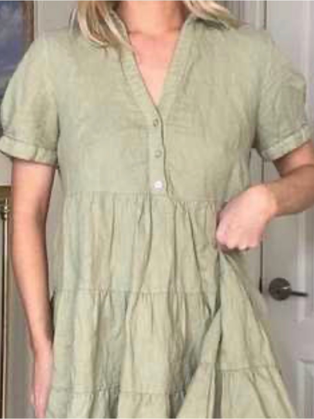 Zara Olive Green Short Sleeve Linen Tiered Button-Front mini dress